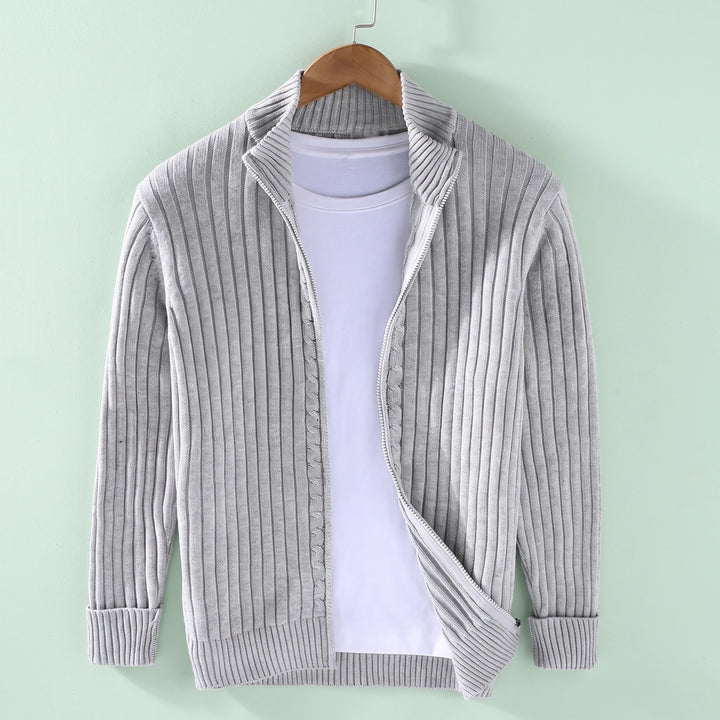 Francis Ribbed Knit Full Zip Stand Collar Cardigan - Light Gray