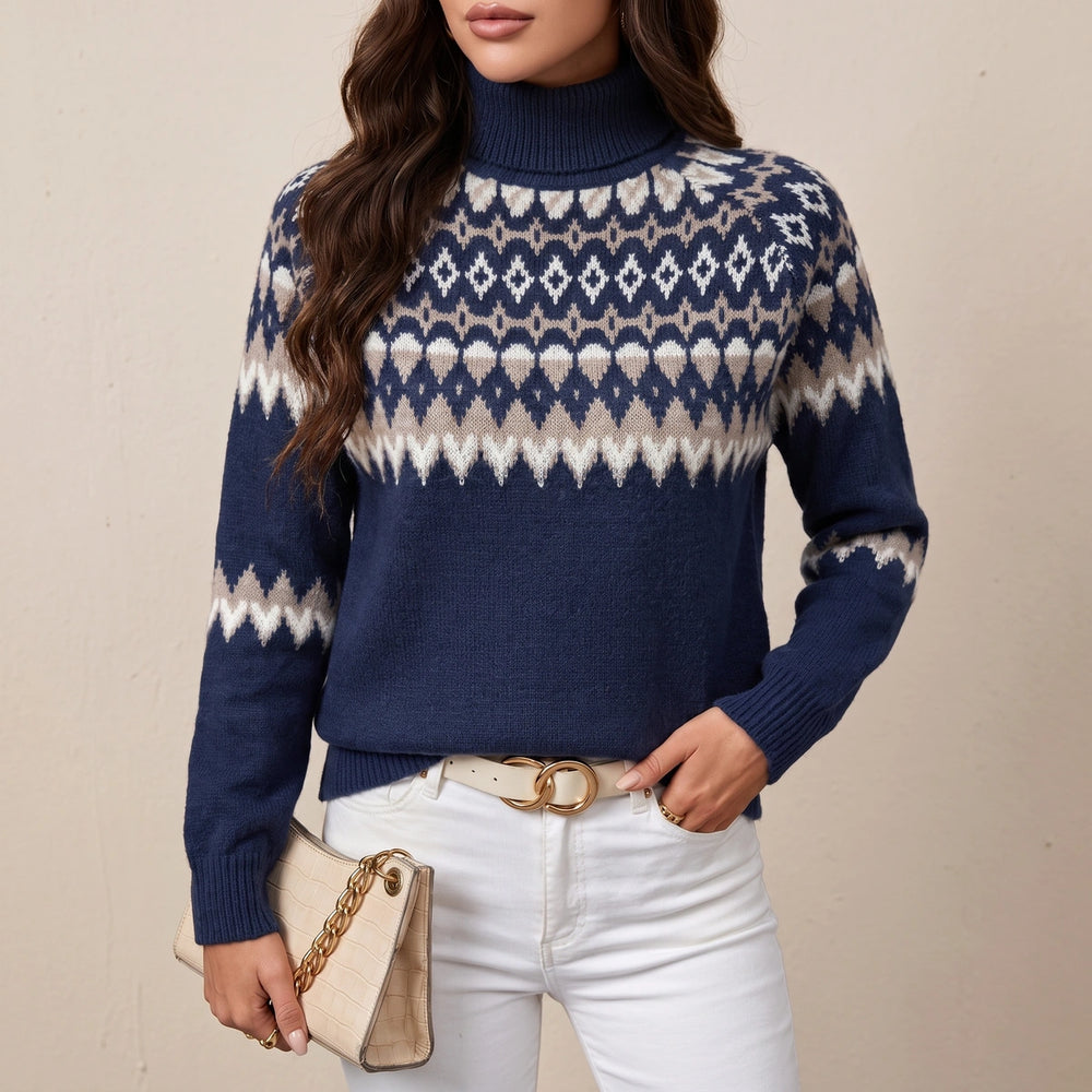 Freya Fair Isle Turtleneck Sweater - Navy Blue