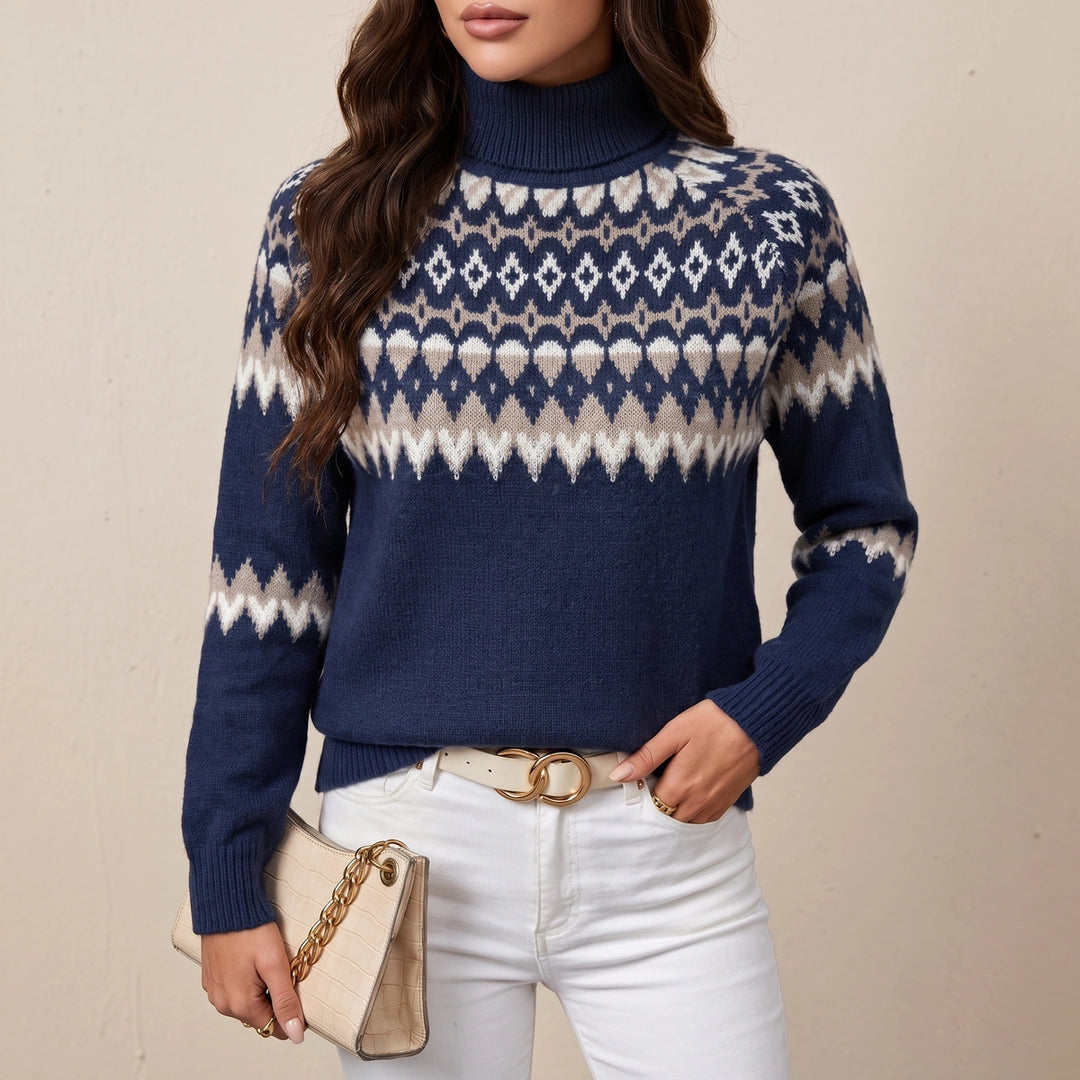 Freya Fair Isle Turtleneck Sweater - Navy Blue