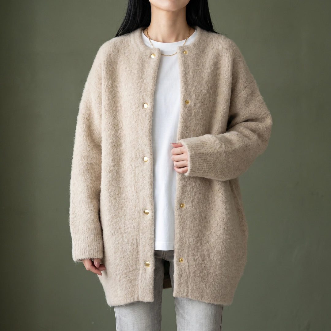Galatea Brushed Knit Collarless Snap Cardigan Coat - Beige