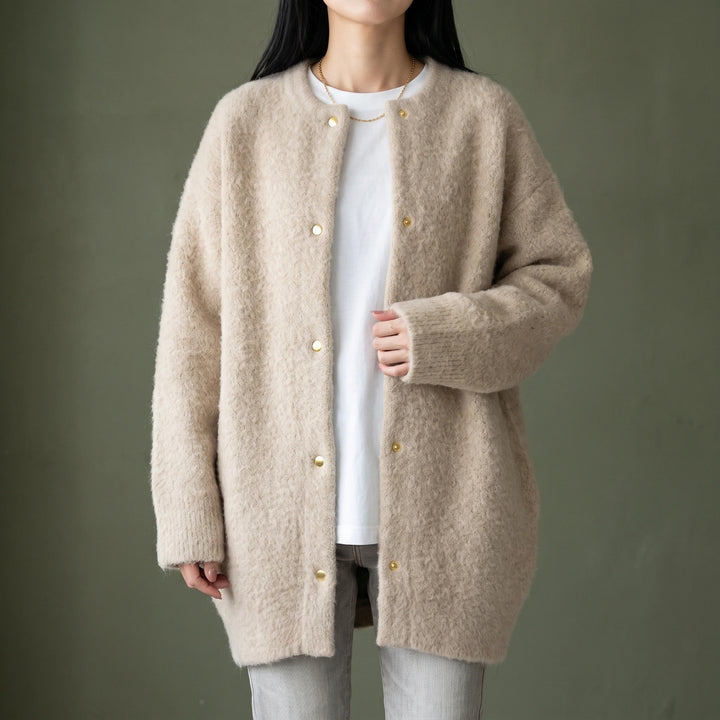 Galatea Brushed Knit Collarless Snap Cardigan Coat - Beige