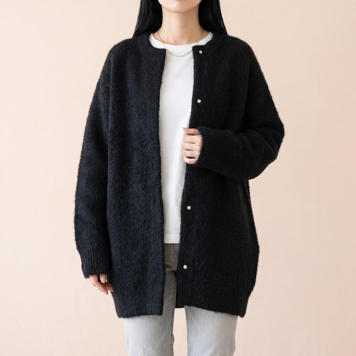 Galatea Brushed Knit Collarless Snap Cardigan Coat - Black