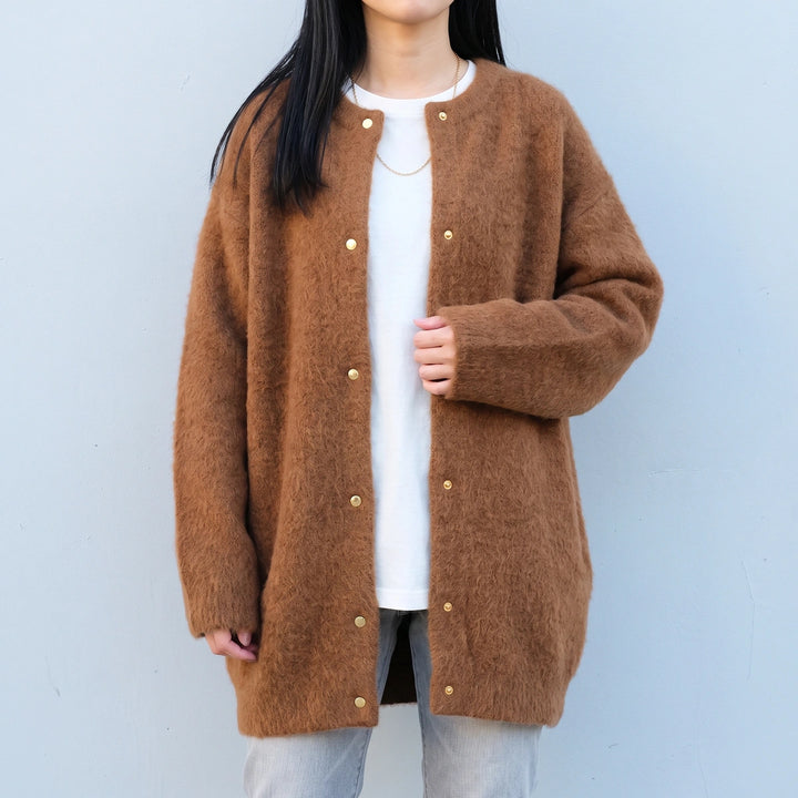 Galatea Brushed Knit Collarless Snap Cardigan Coat - Brown