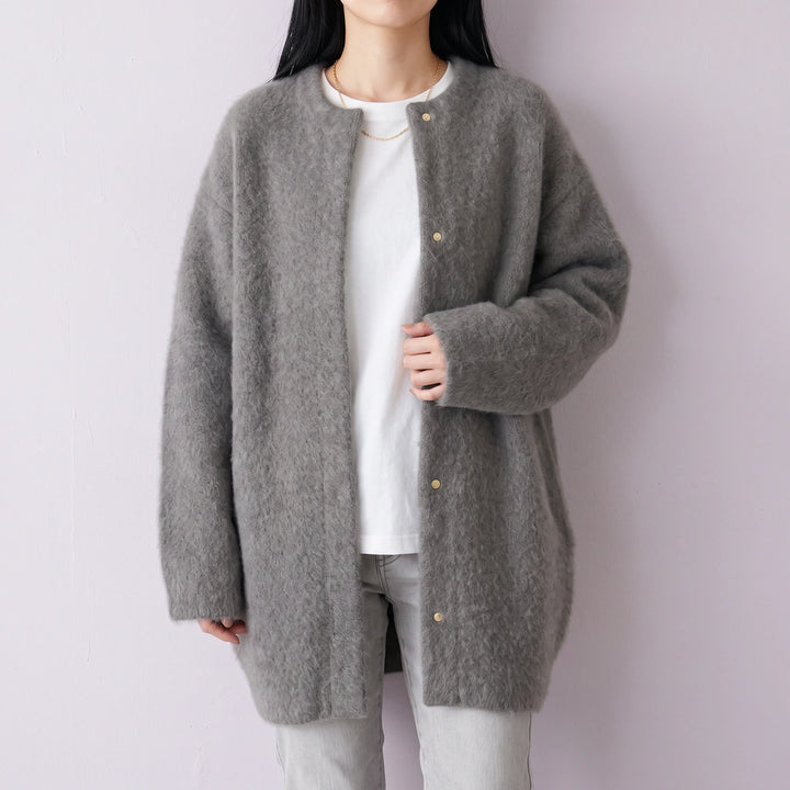 Galatea Brushed Knit Collarless Snap Cardigan Coat - Gray