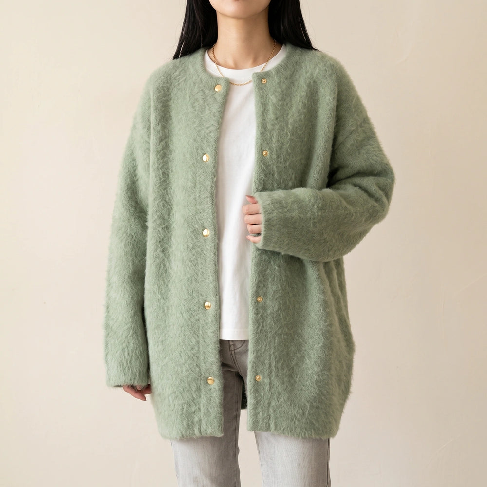 Galatea Brushed Knit Collarless Snap Cardigan Coat - Green