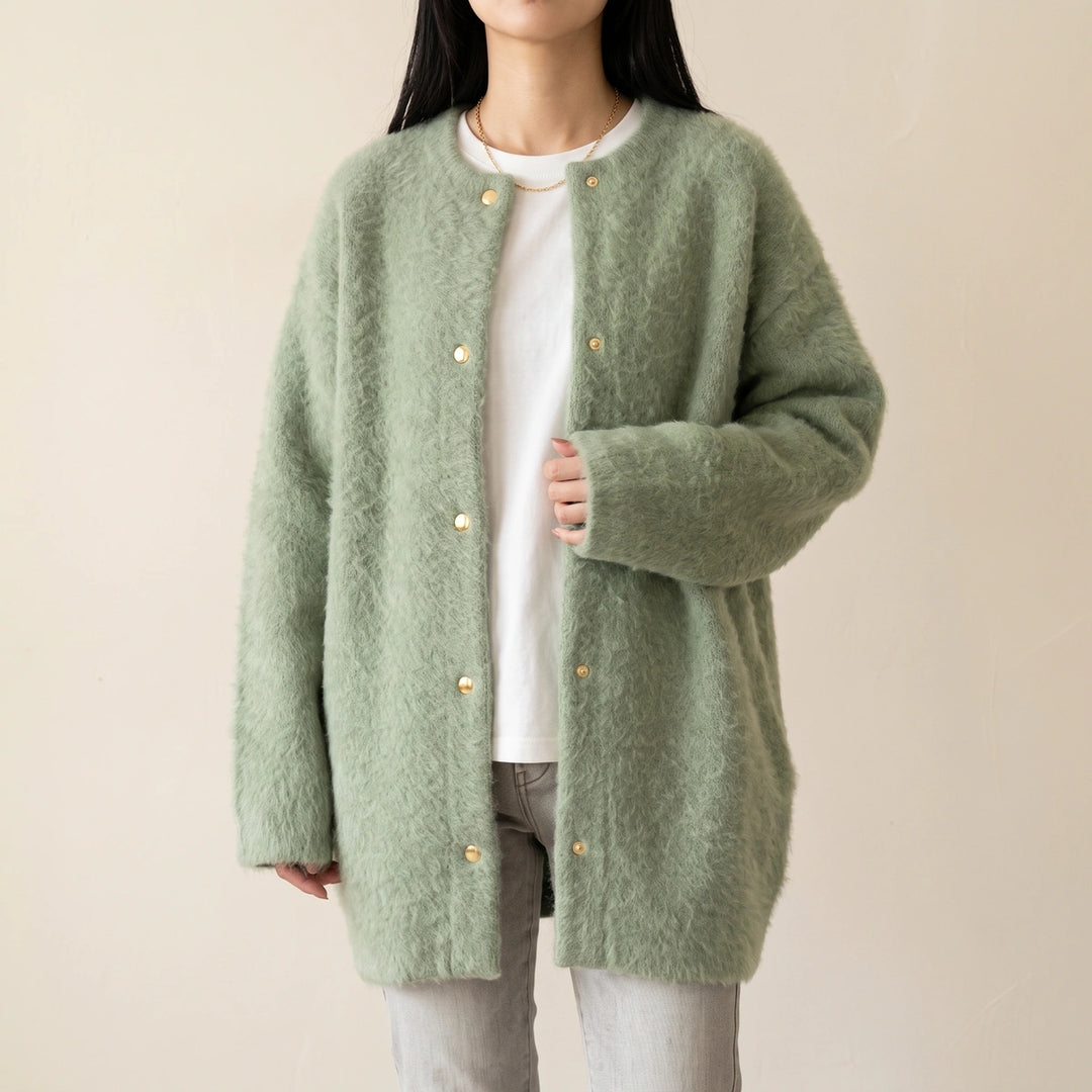 Galatea Brushed Knit Collarless Snap Cardigan Coat - Green