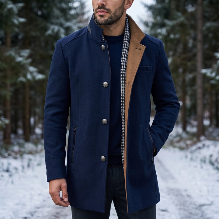 Garrick Stand Collar Wool Coat - Navy