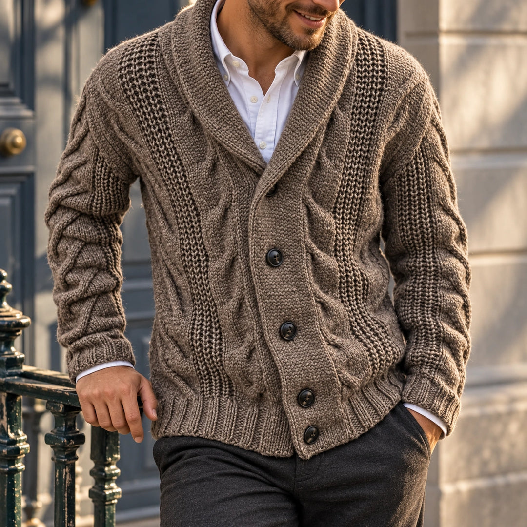 Garvin Chunky Cable Knit Shawl Collar Cardigan - Brown