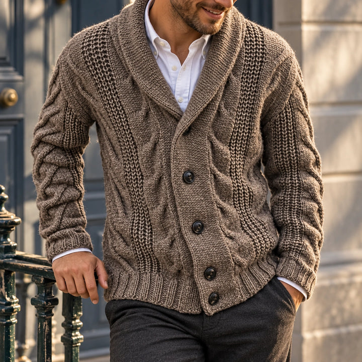 Garvin Chunky Cable Knit Shawl Collar Cardigan - Brown