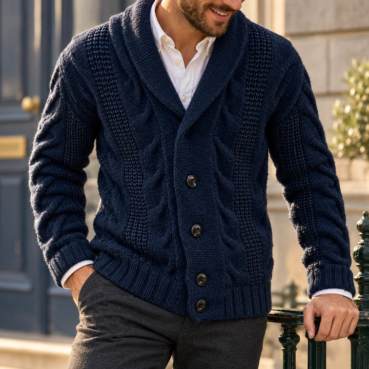 Garvin Chunky Cable Knit Shawl Collar Cardigan - Dark Blue