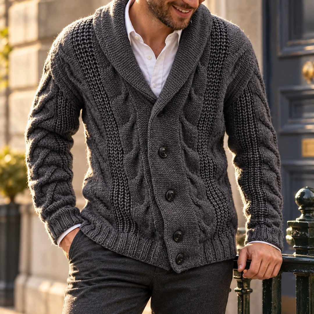 Garvin Chunky Cable Knit Shawl Collar Cardigan - Dark Gray