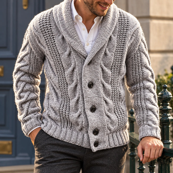 Garvin Chunky Cable Knit Shawl Collar Cardigan - Light Gray