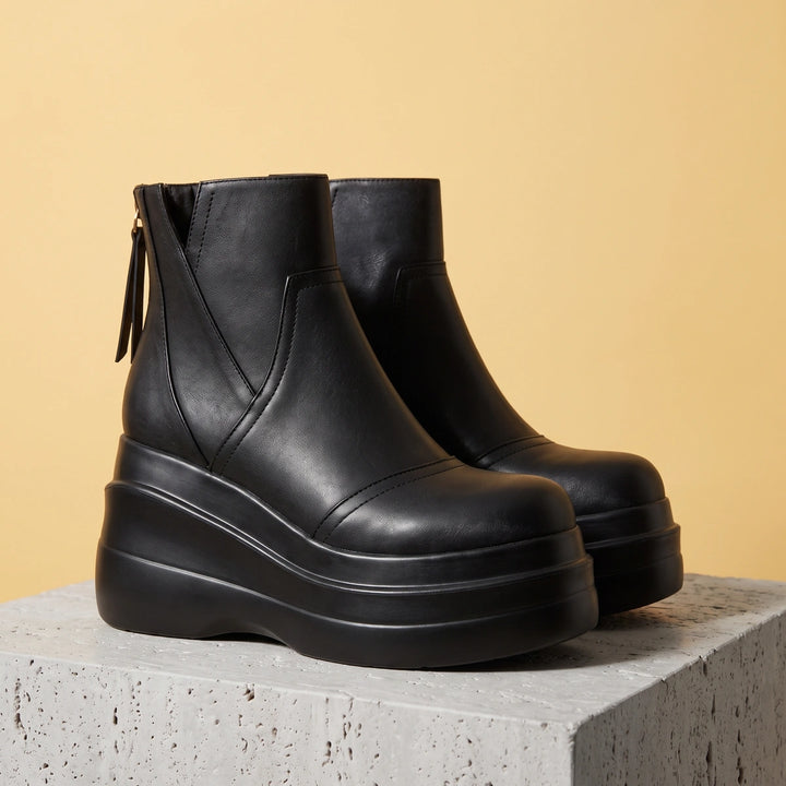 Genoveva Crease Resistant Leather Platform Booties - Black