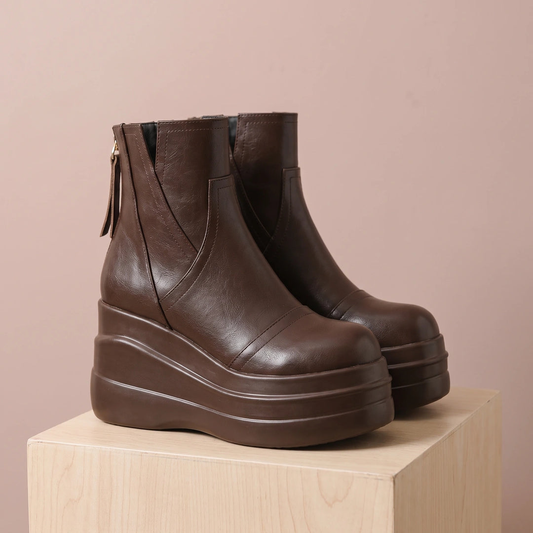Genoveva Crease Resistant Leather Platform Booties - Brown