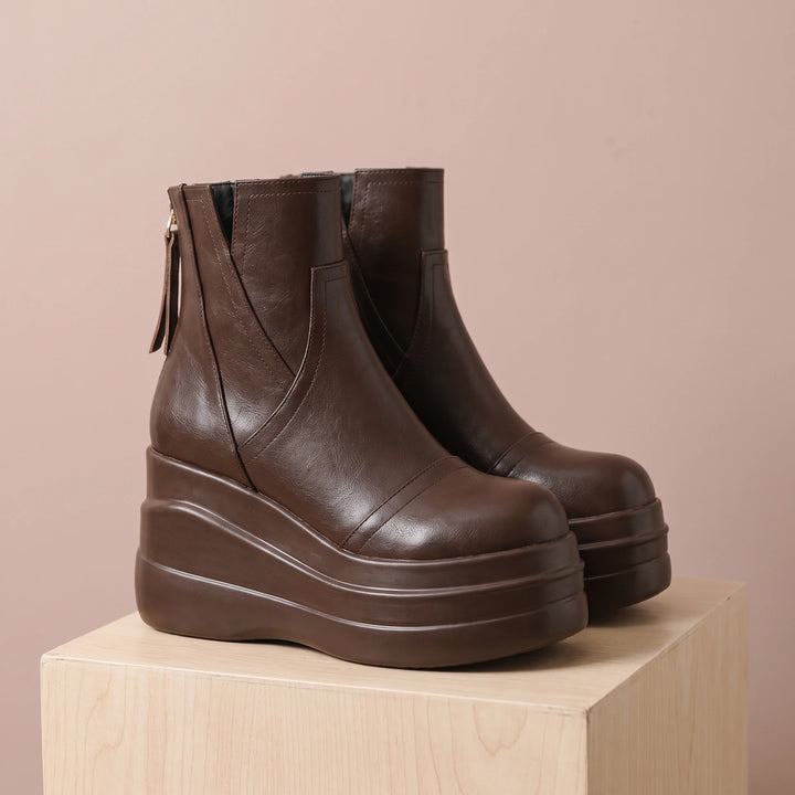 Genoveva Crease Resistant Leather Platform Booties - Brown