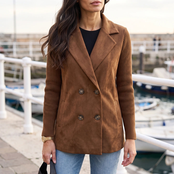 Georgia Knit Sleeve Double Breasted Blazer - Brown