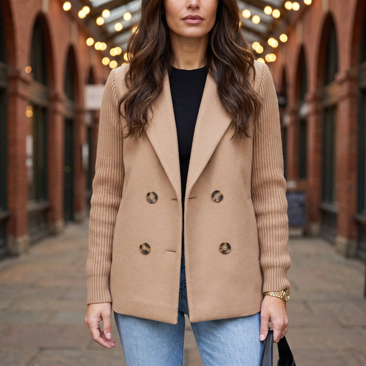 Georgia Knit Sleeve Double Breasted Blazer - Khaki