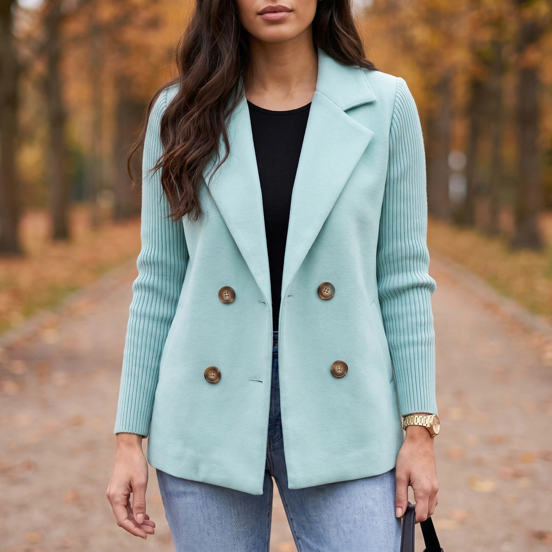 Georgia Knit Sleeve Double Breasted Blazer - Light Blue