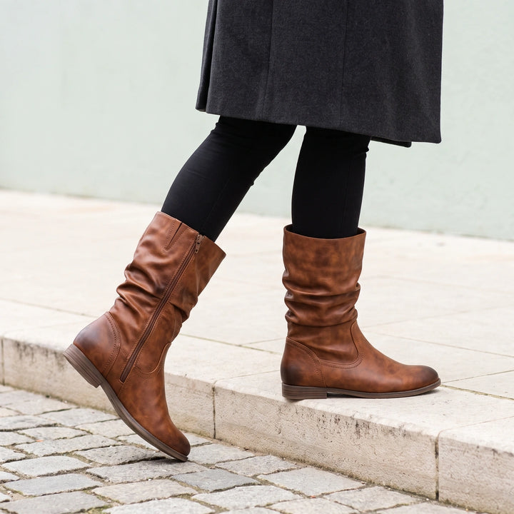 Gloriana Slouch Shaft Flat Mid Calf Boots - Brown