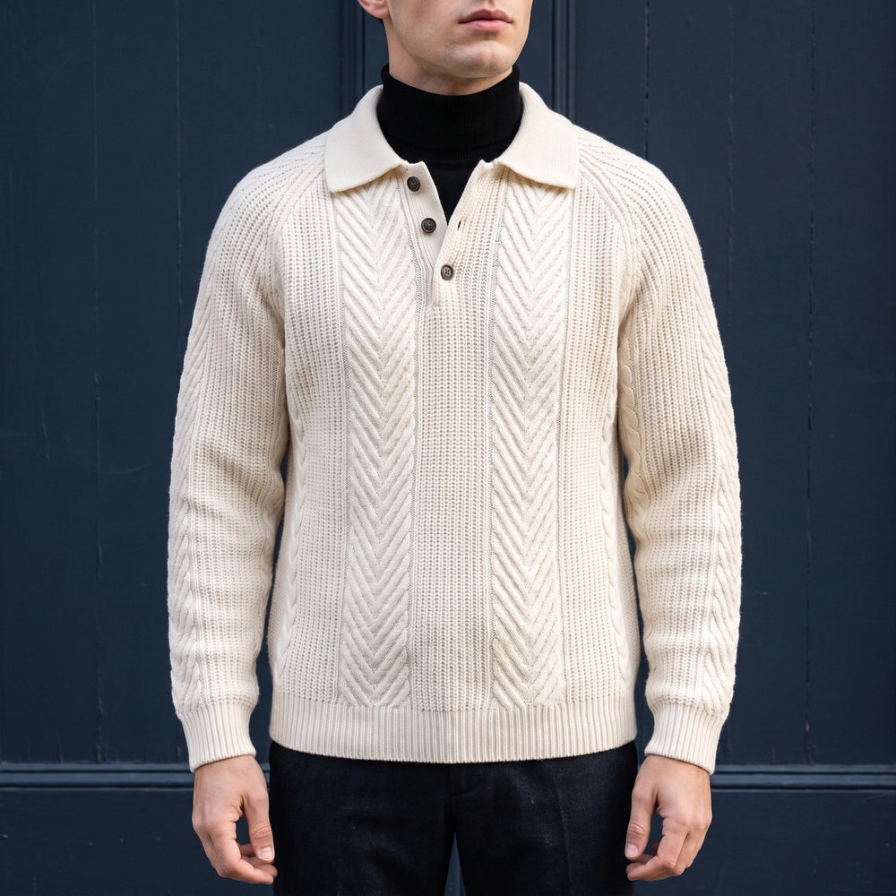 Gustavo Cashmere Chevron Cable Polo Sweater - Beige