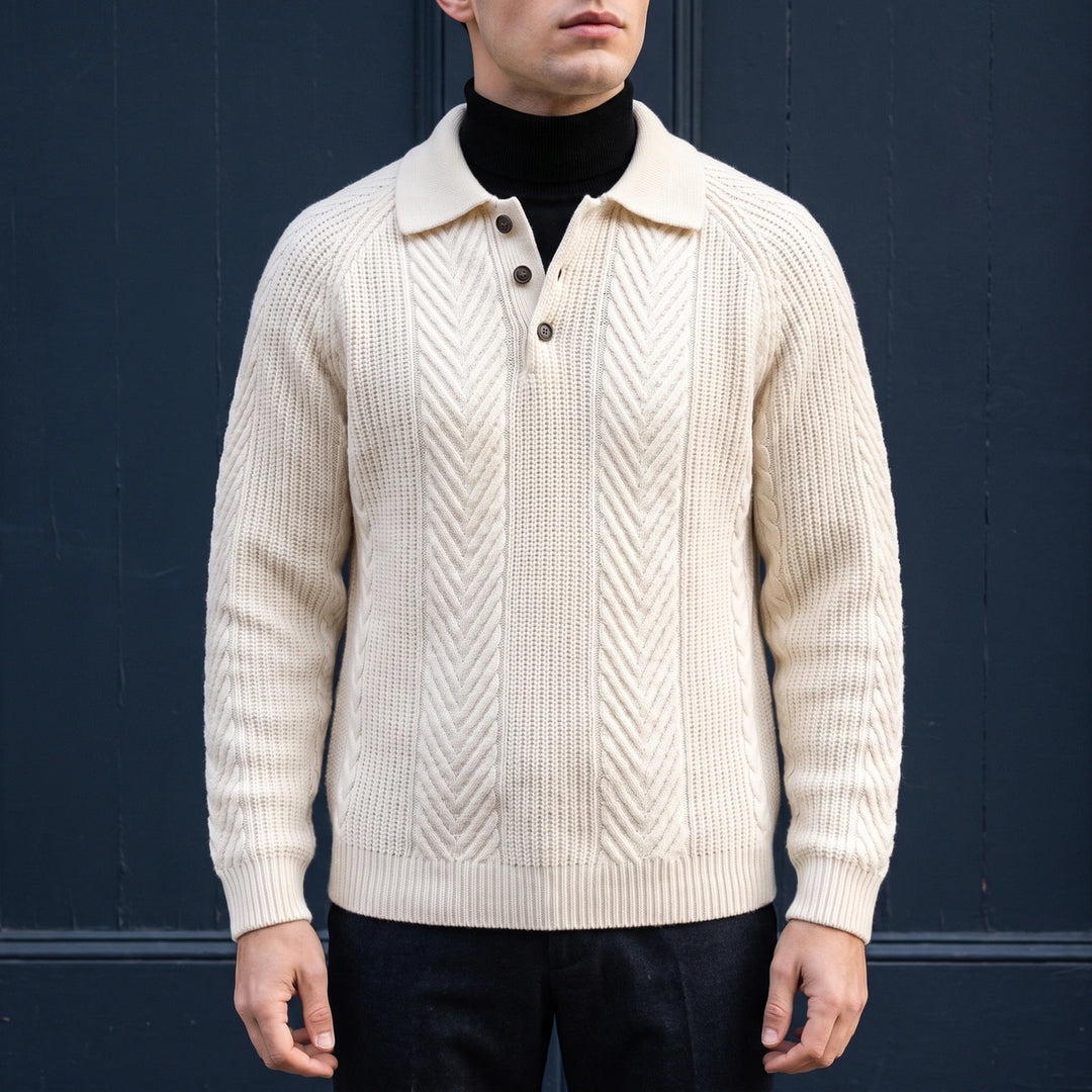 Gustavo Cashmere Chevron Cable Polo Sweater - Beige