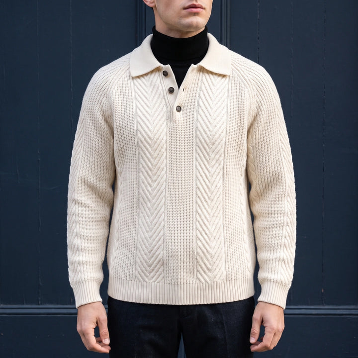 Gustavo Cashmere Chevron Cable Polo Sweater - Beige