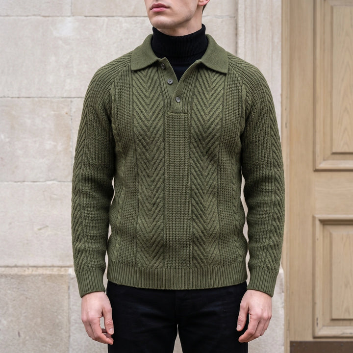 Gustavo Cashmere Chevron Cable Polo Sweater - Green