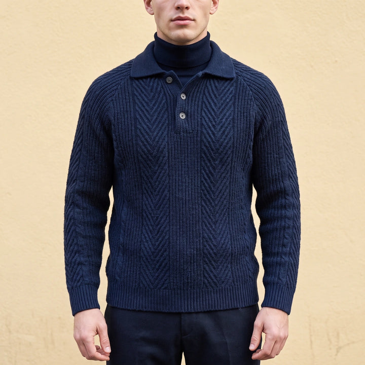 Gustavo Cashmere Chevron Cable Polo Sweater - Navy Blue