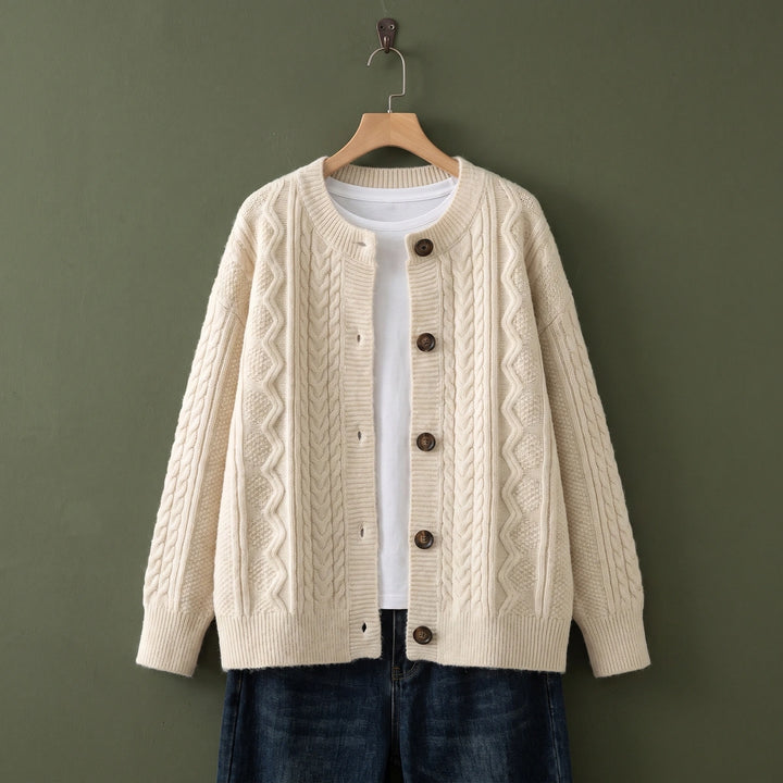 Hailey Round Neck Oversized Cable Cardigan - Beige