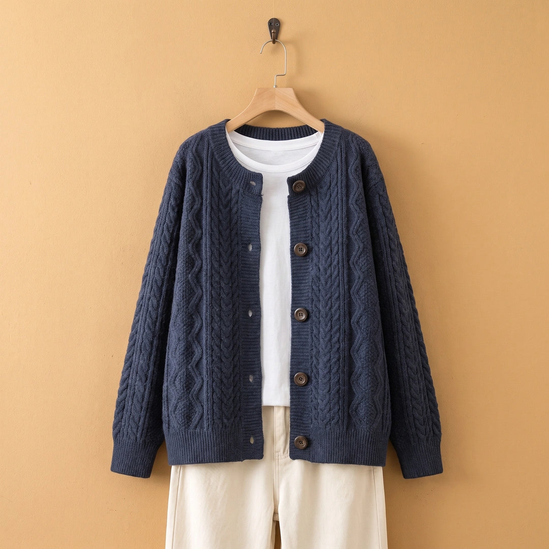 Hailey Round Neck Oversized Cable Cardigan - Navy Blue