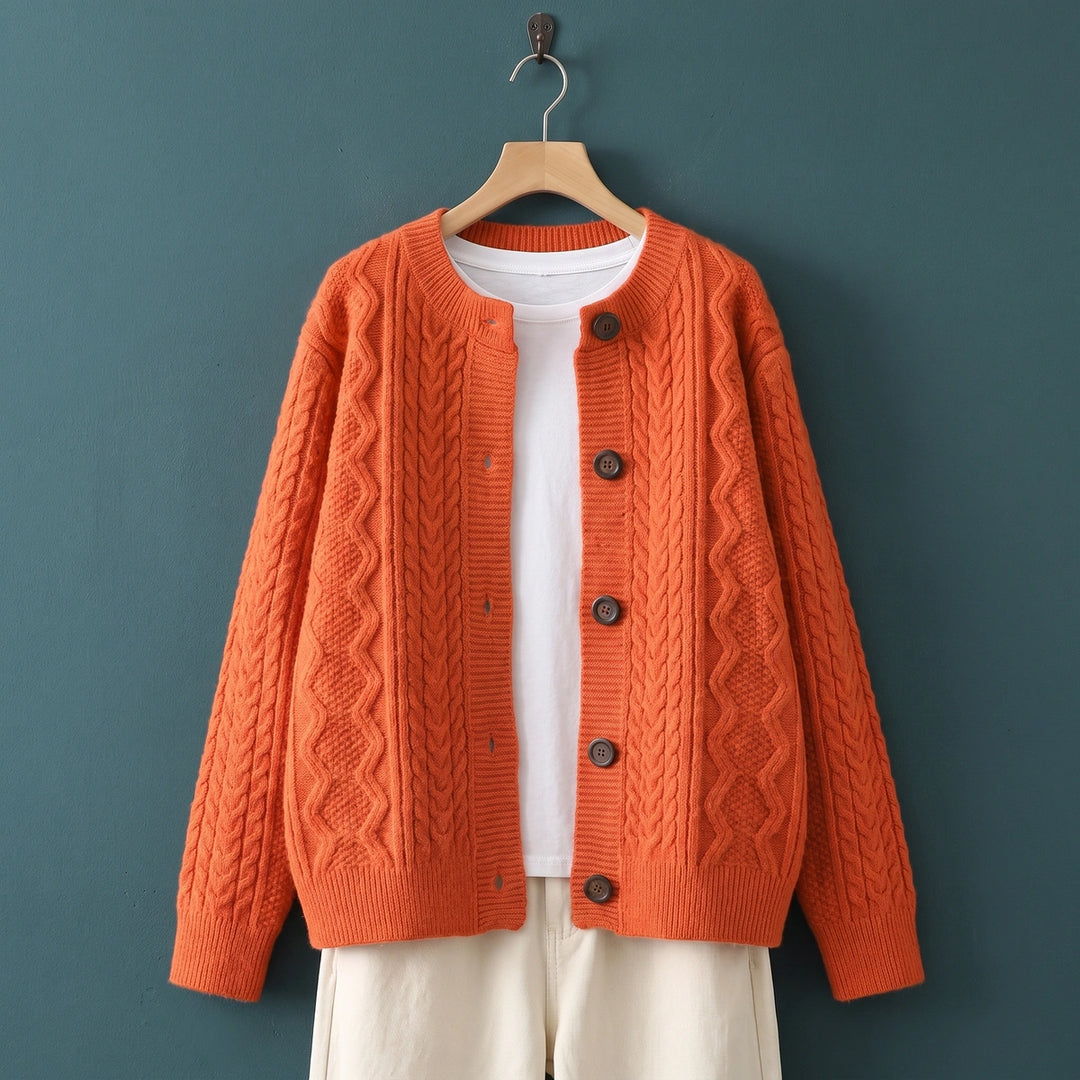 Hailey Round Neck Oversized Cable Cardigan - Orange