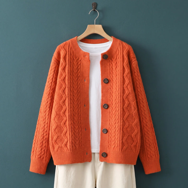 Hailey Round Neck Oversized Cable Cardigan - Orange