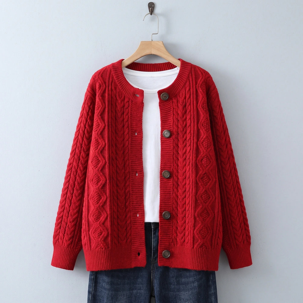 Hailey Round Neck Oversized Cable Cardigan - Red