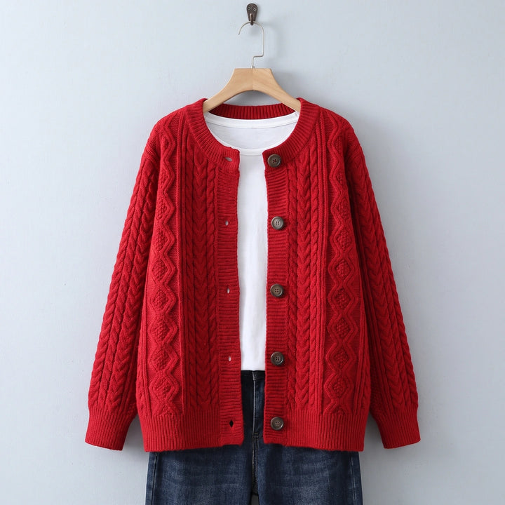 Hailey Round Neck Oversized Cable Cardigan - Red