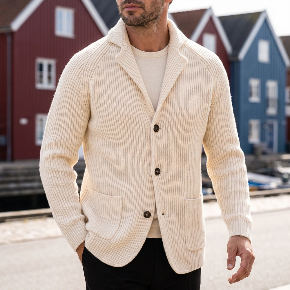 Hamish Ribbed Shawl Collar Wool Cardigan - Beige