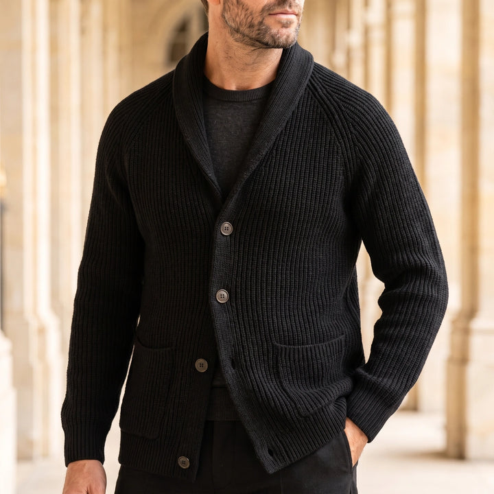 Hamish Ribbed Shawl Collar Wool Cardigan - Black
