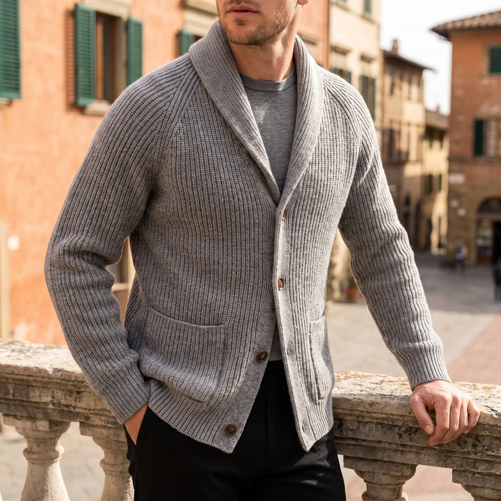 Hamish Ribbed Shawl Collar Wool Cardigan - Gray