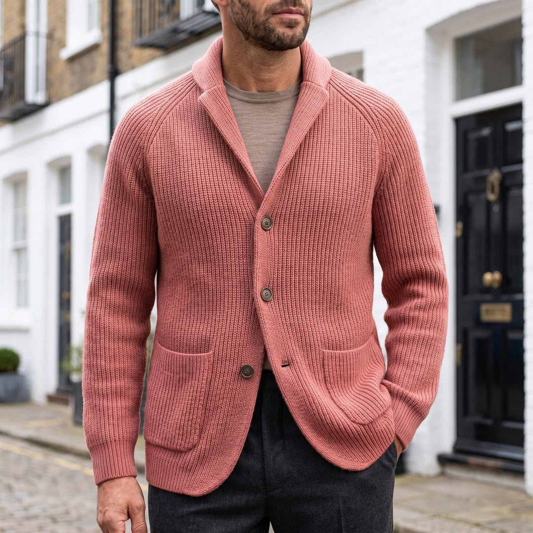 Hamish Ribbed Shawl Collar Wool Cardigan - Salmon