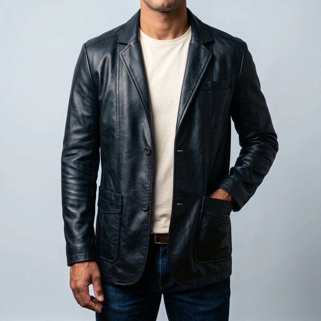 Harlan Two Button Leather Blazer - Black