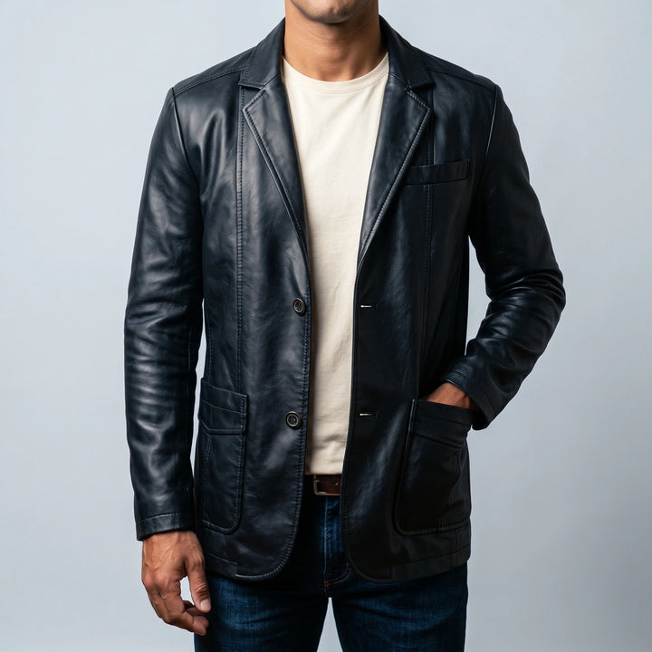 Harlan Two Button Leather Blazer - Black