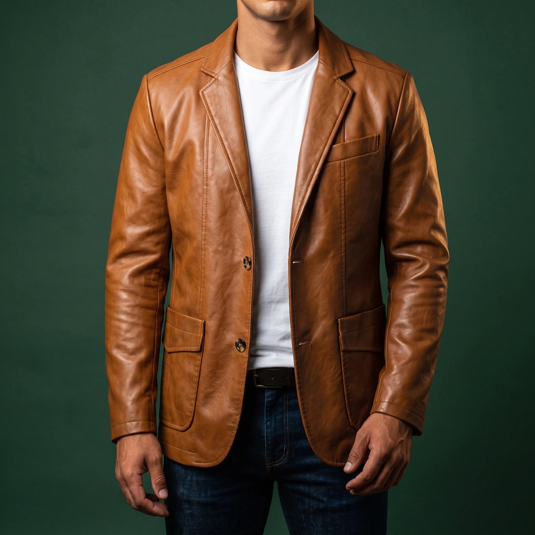 Harlan Two Button Leather Blazer - Cognac