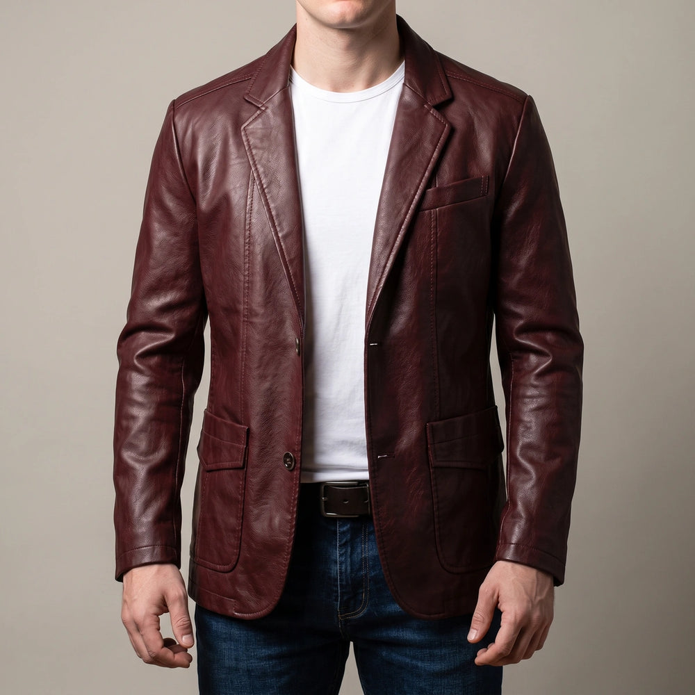 Harlan Two Button Leather Blazer - Wine