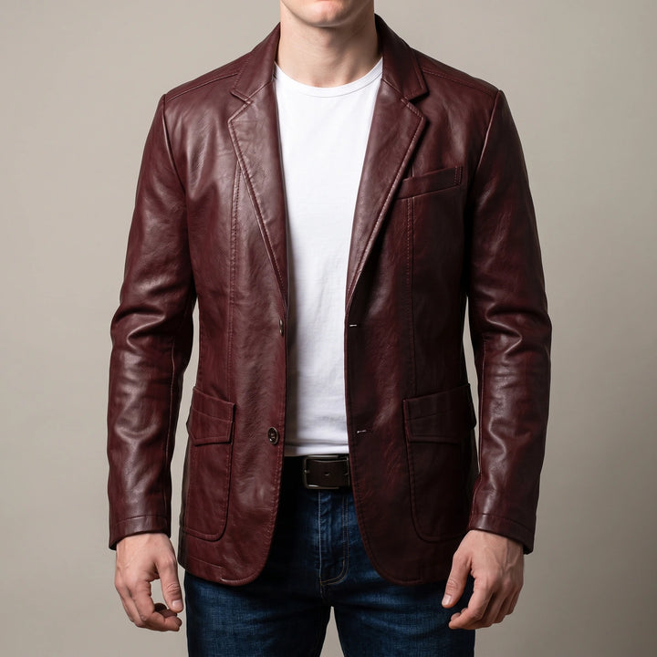 Harlan Two Button Leather Blazer - Wine