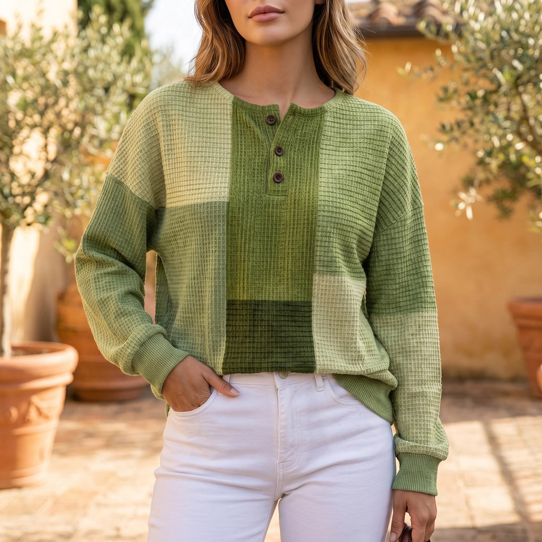 Hazel Colorblock Waffle Knit Henley - Green