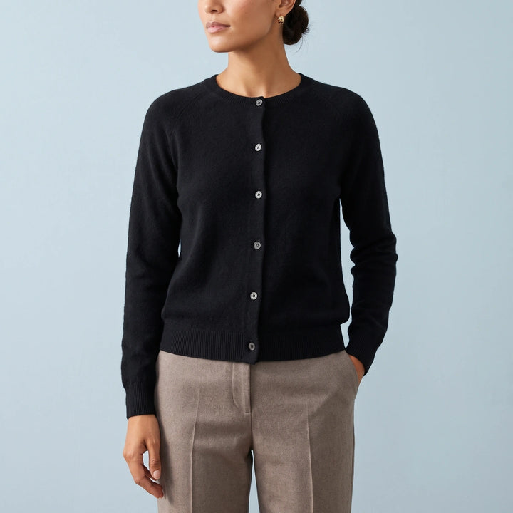 Helena Cashmere Crew Neck Cardigan - Black