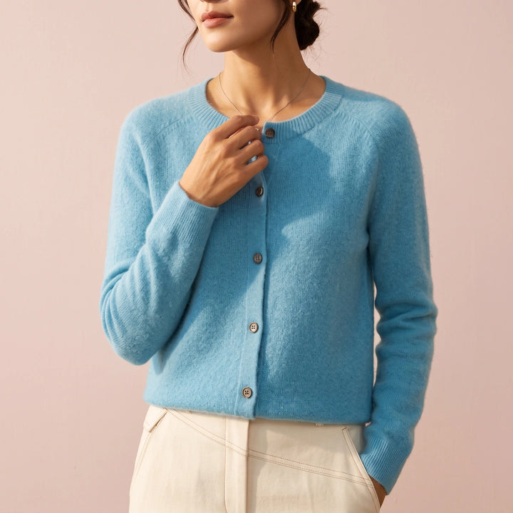 Helena Cashmere Crew Neck Cardigan - Light Blue