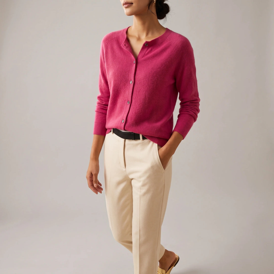 Helena Cashmere Crew Neck Cardigan - Pink