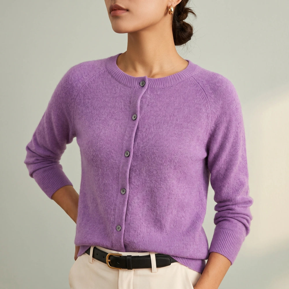 Helena Cashmere Crew Neck Cardigan - Purple