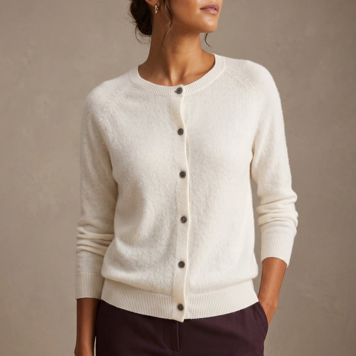 Helena Cashmere Crew Neck Cardigan - White