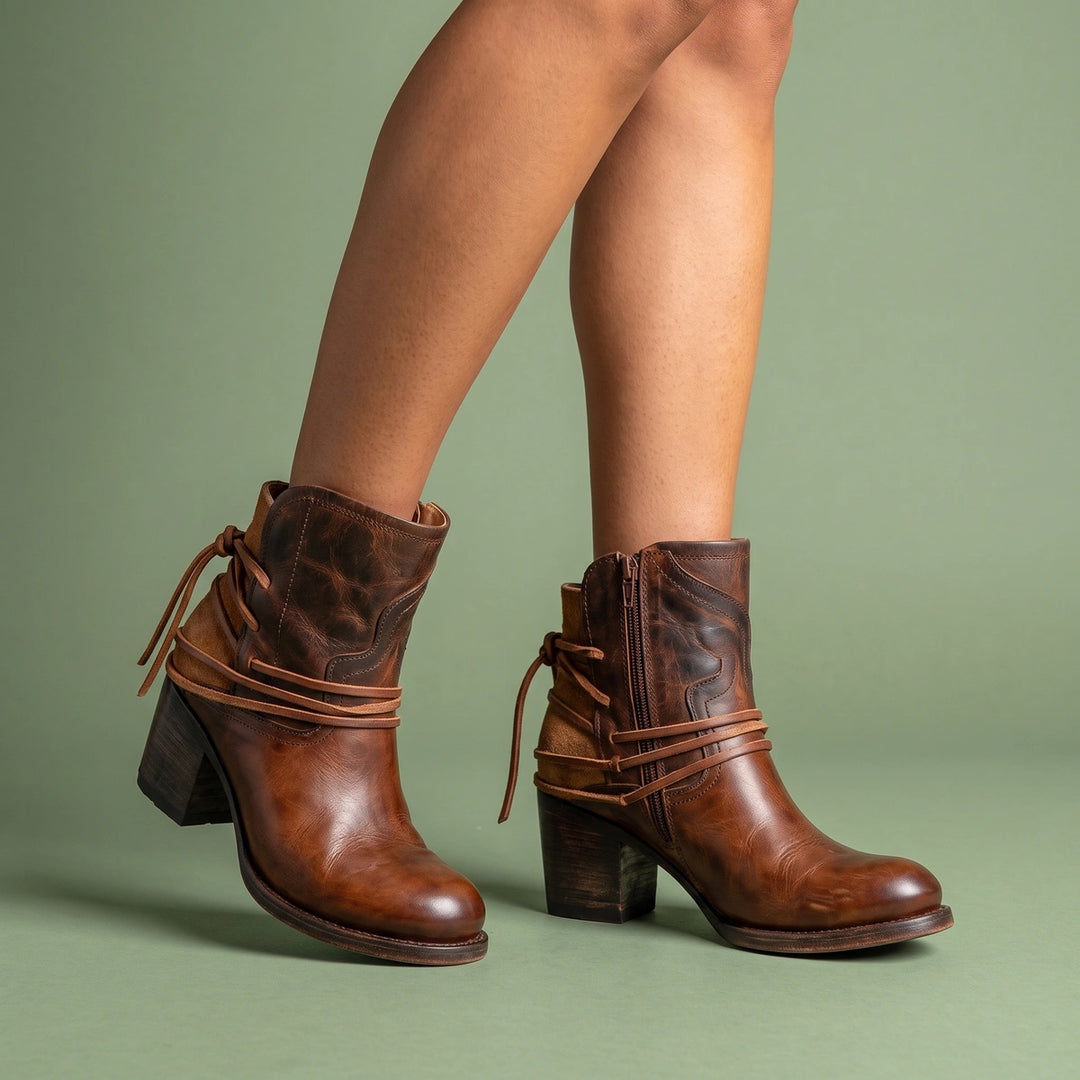 Hermia Wrap Tie Stacked Block Heel Ankle Boots - Cognac